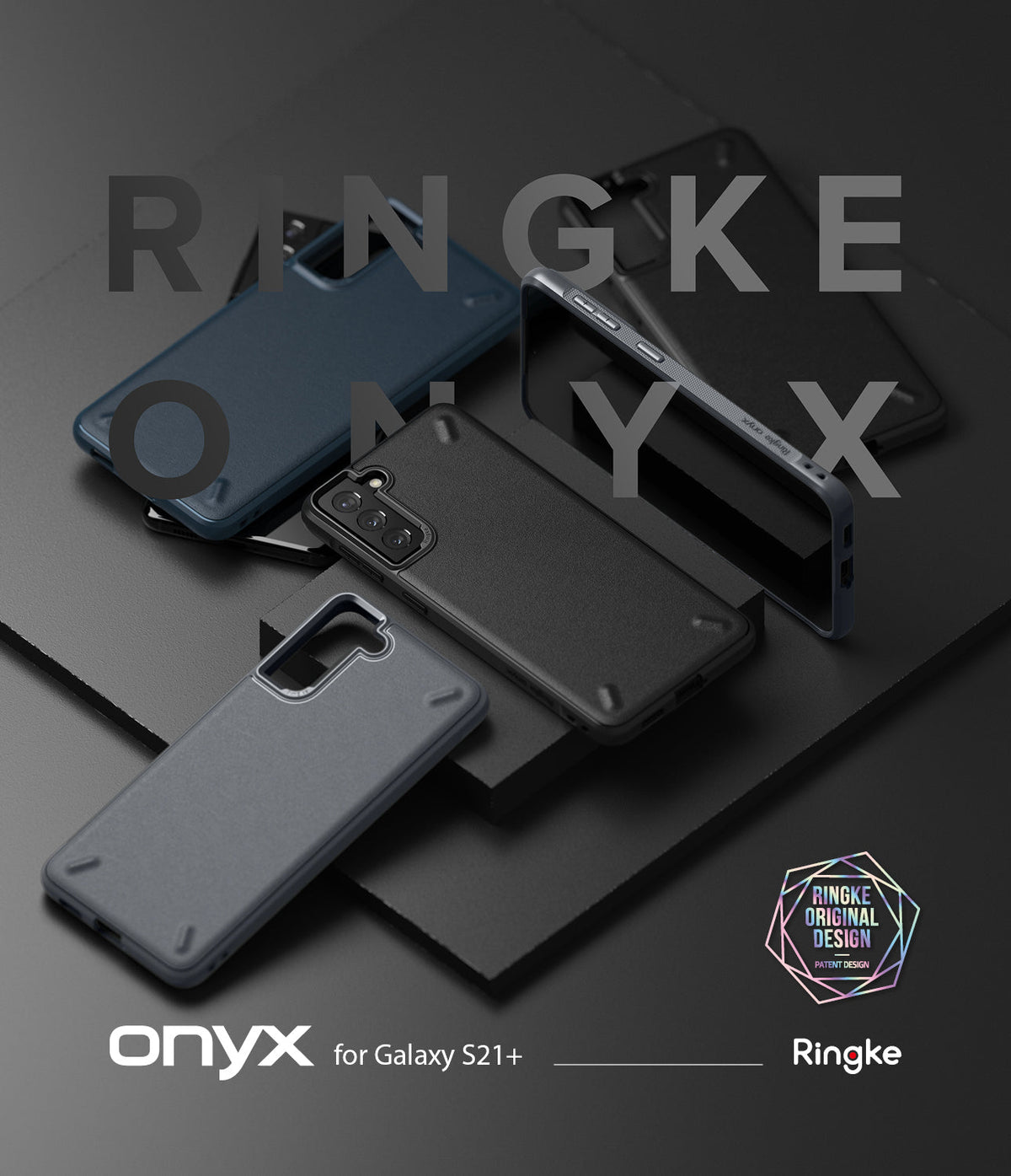 Galaxy S21 Plus Case | Onyx - Multiple black and blue Onyx phone cases arranged on a dark, layered geometric background.