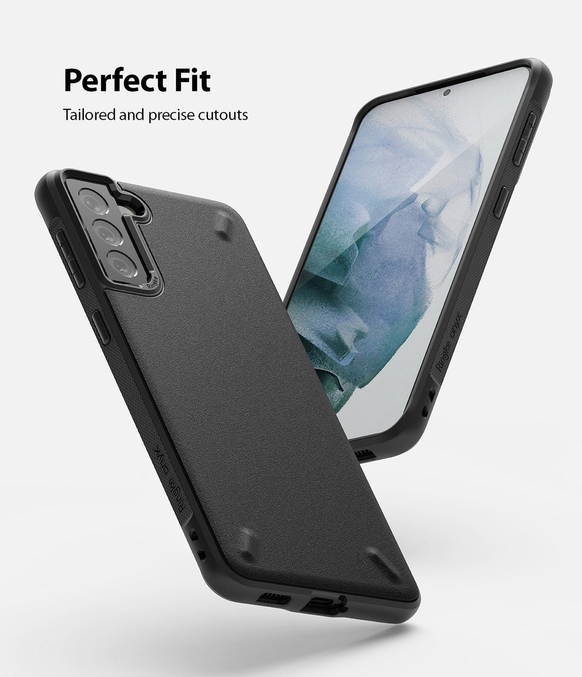 Galaxy S21 Plus Case | Onyx - Black textured phone case shown from back and front angles with precise camera and port cutouts.