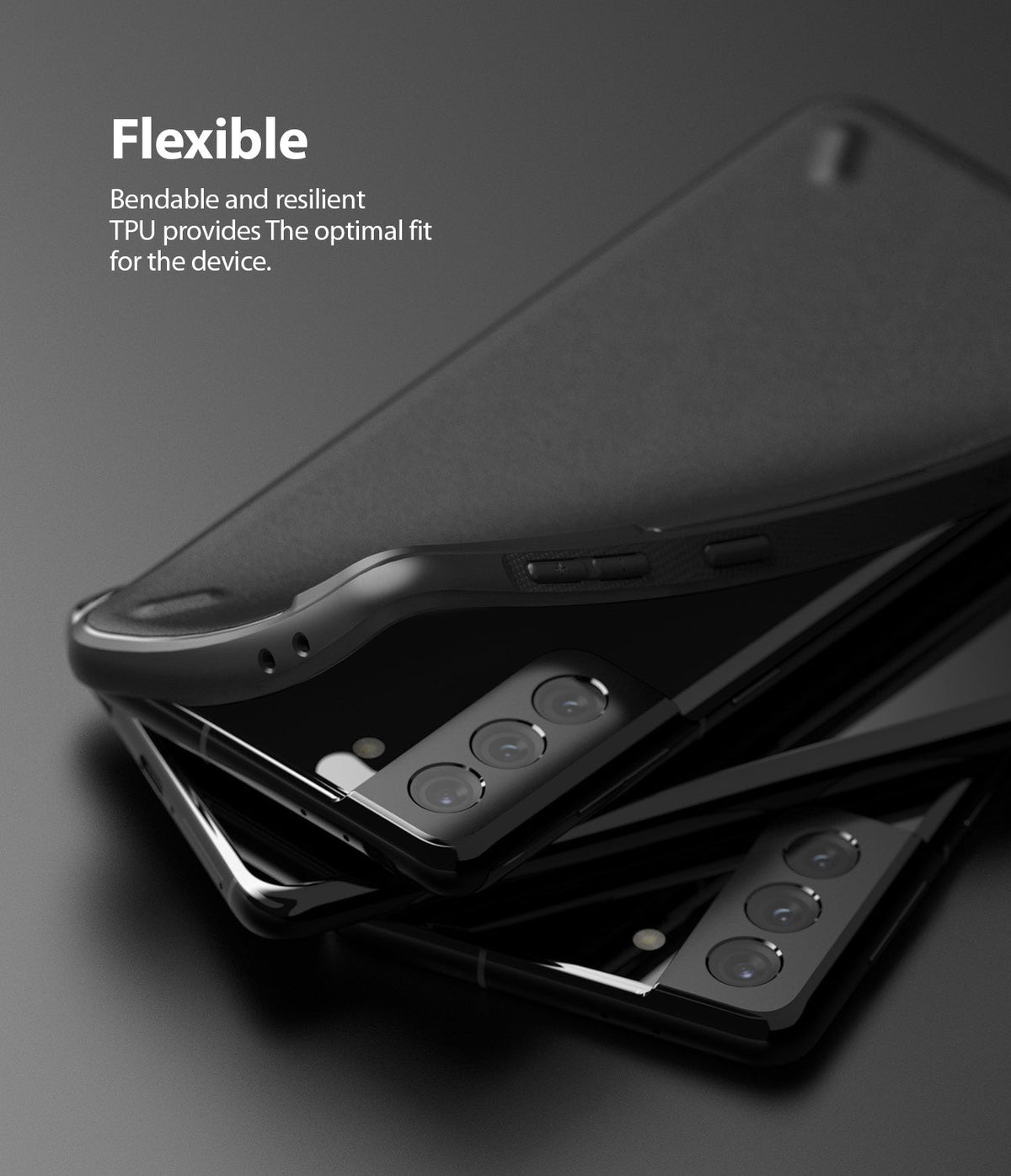 Galaxy S21 Plus Case | Onyx - A flexible black TPU case being pulled away from a Galaxy S21 Plus smartphone.