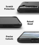 Galaxy S21 Plus Case | Onyx - Close-up views of black phone case showing camera protection, raised screen bezels, and port cutouts.