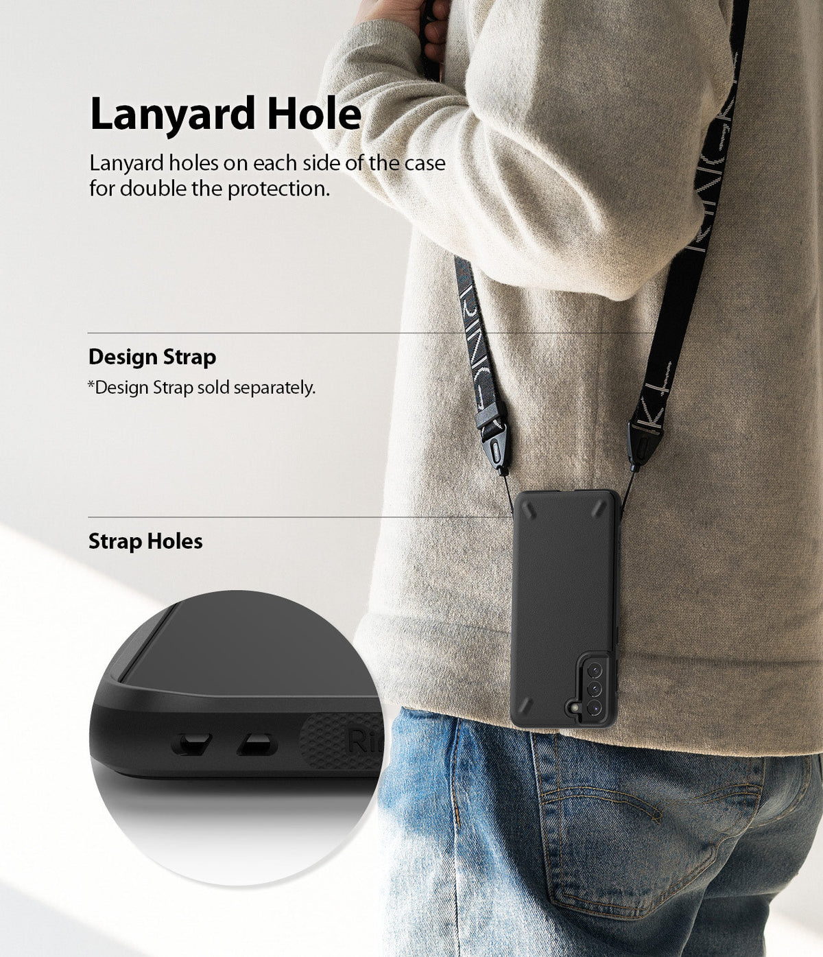 Galaxy S21 Plus Case | Onyx - Person wearing a black phone case with a lanyard strap, showing dual strap holes.