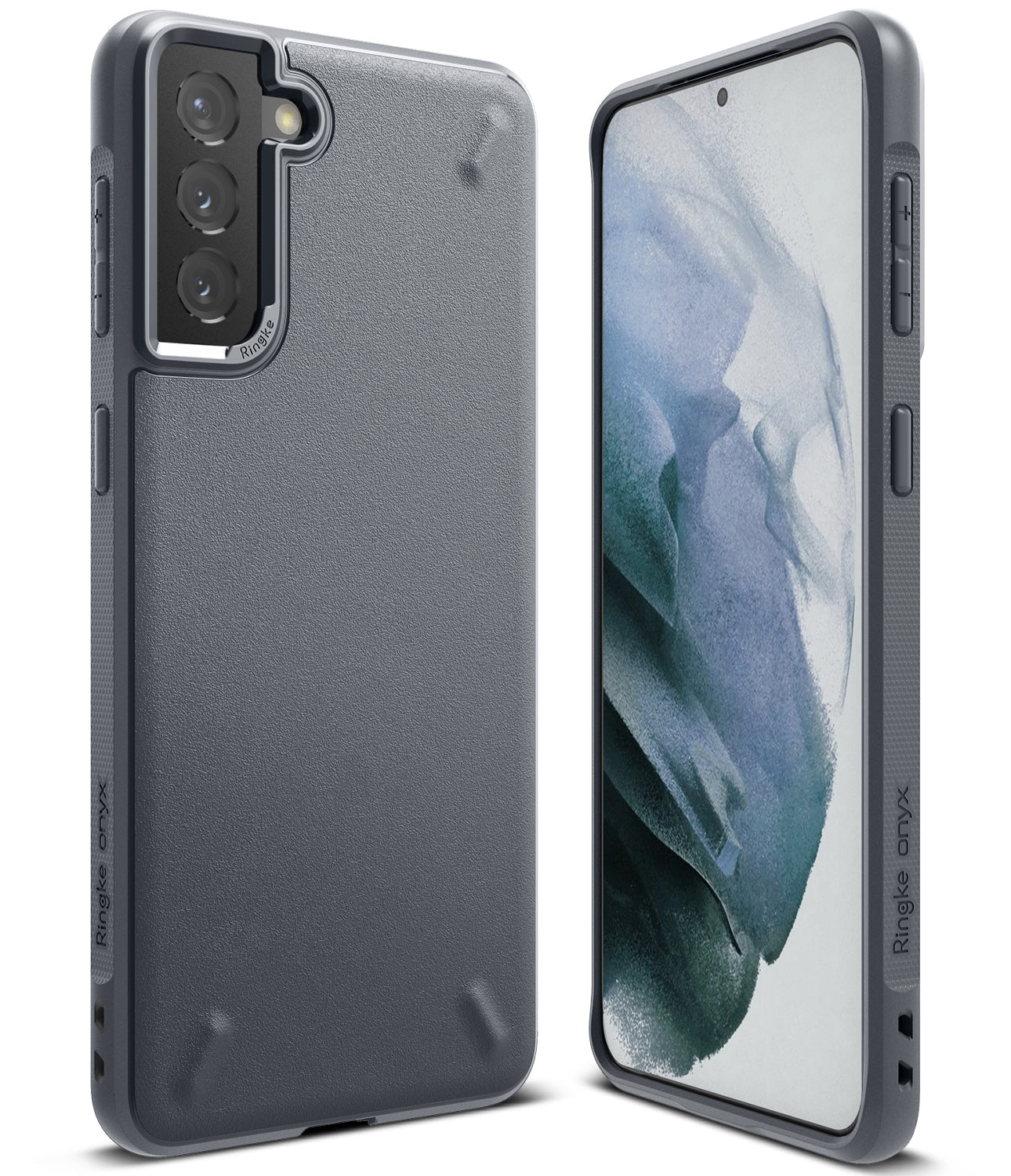 Galaxy S21 Plus Case | Onyx - Matte dark gray phone case shown from back and front angles with textured finish.