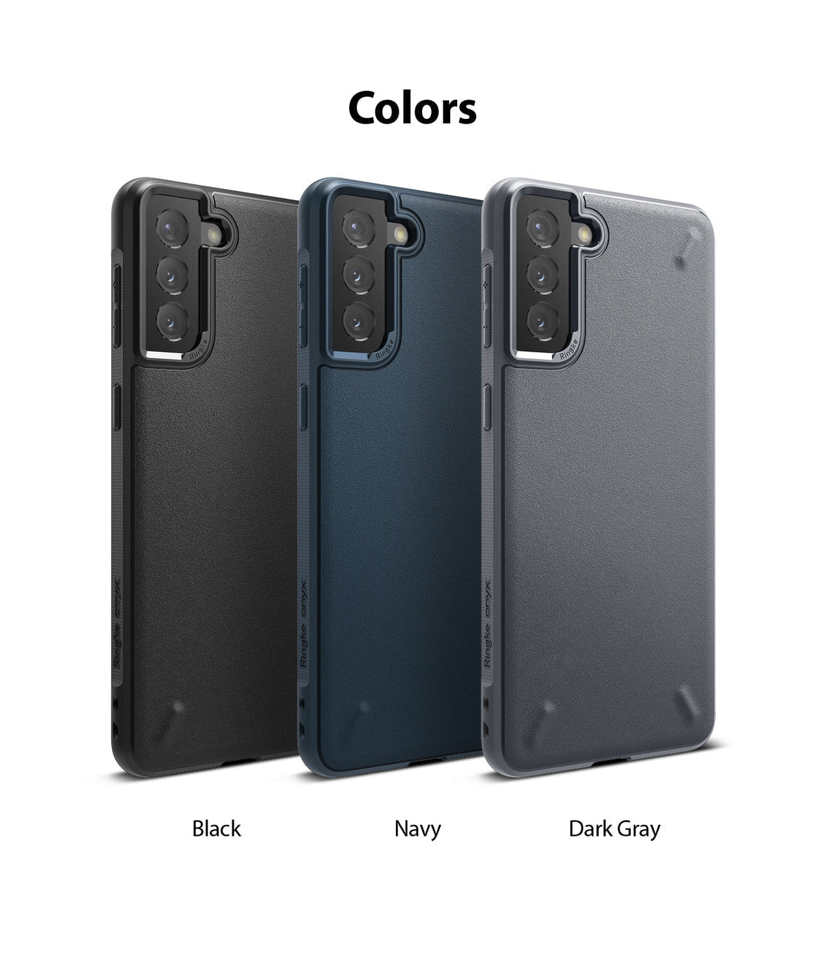 Galaxy S21 Plus Case | Onyx - Three Galaxy S21 Plus phone cases in black, navy, and dark gray arranged side-by-side.