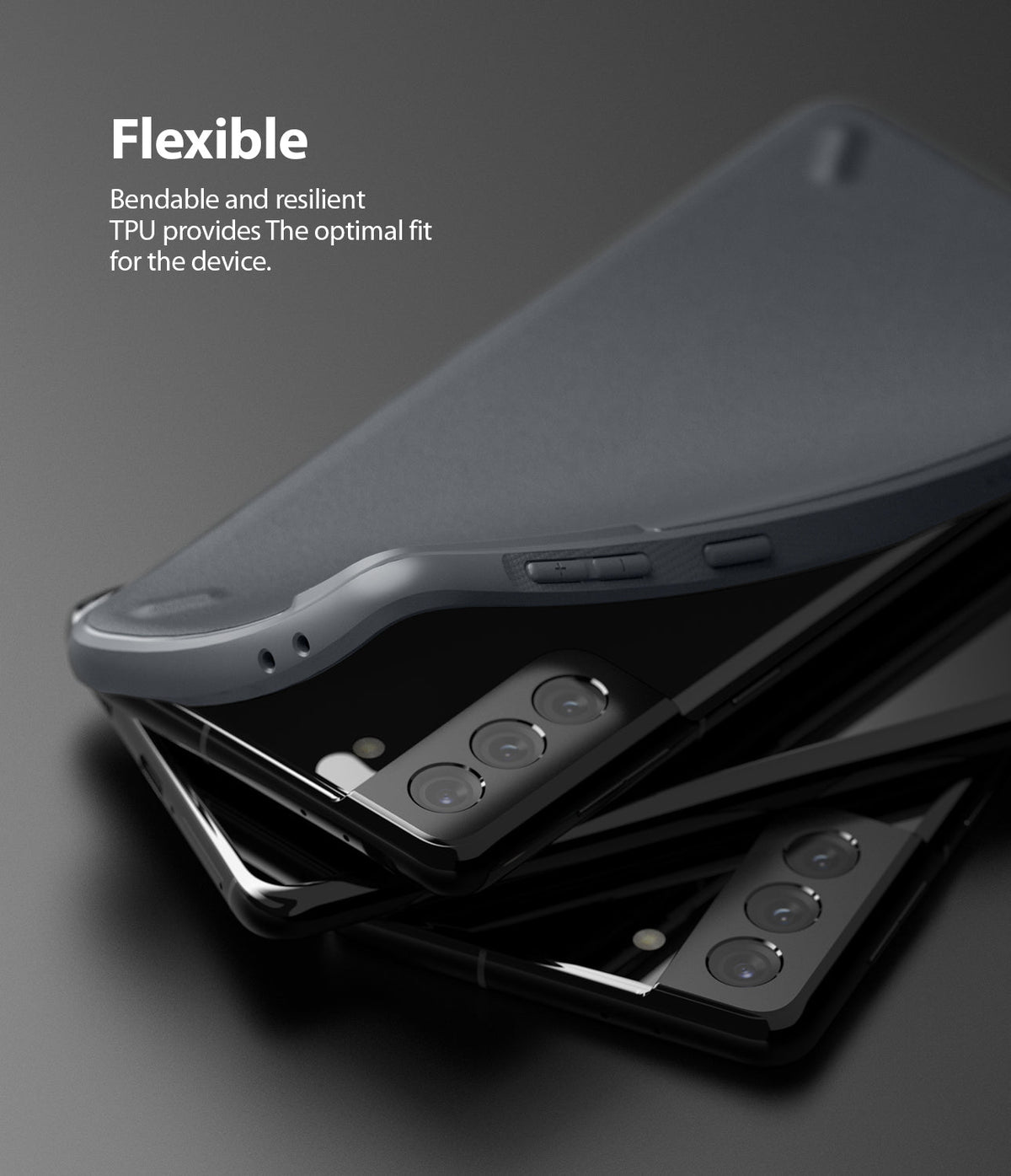 Galaxy S21 Plus Case | Onyx - A flexible, dark gray TPU case being placed onto a black Galaxy S21 Plus smartphone.