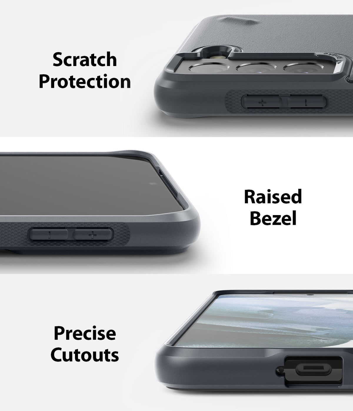 Galaxy S21 Plus Case | Onyx - Close-up views of phone case features: camera protection, raised screen bezel, and port cutouts.
