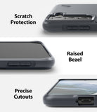 Galaxy S21 Plus Case | Onyx - Close-up views of phone case features: camera protection, raised screen bezel, and port cutouts.
