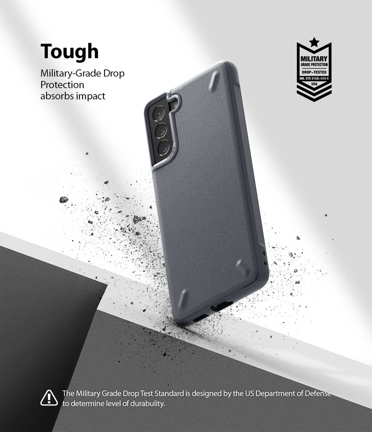 Galaxy S21 Plus Case | Onyx - Dark gray phone case with military-grade protection badge and debris effect on white background.