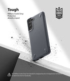 Galaxy S21 Plus Case | Onyx - Dark gray phone case with military-grade protection badge and debris effect on white background.