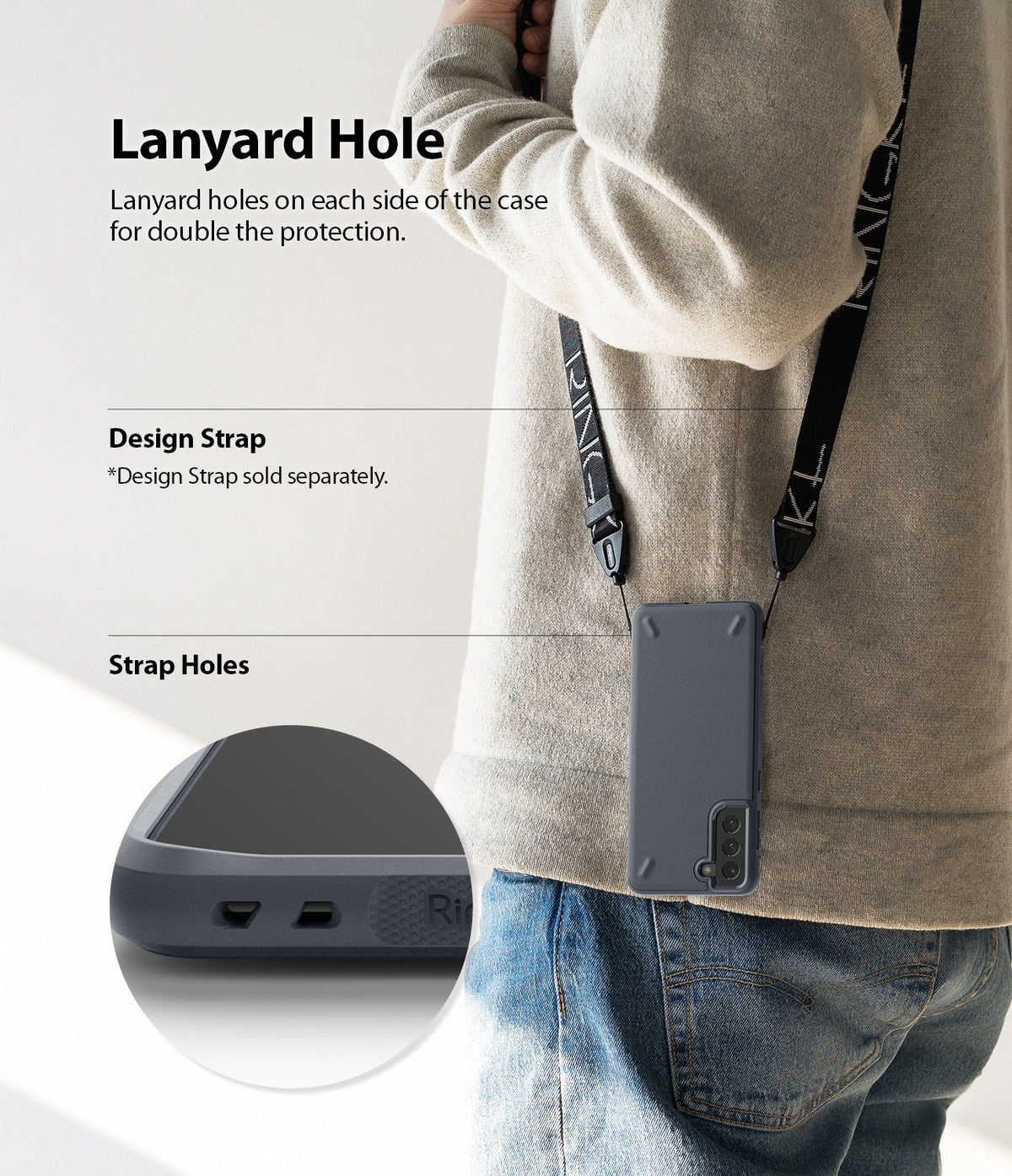 Galaxy S21 Plus Case | Onyx - Person wearing a phone case with a lanyard strap and a close-up of the dual strap holes.