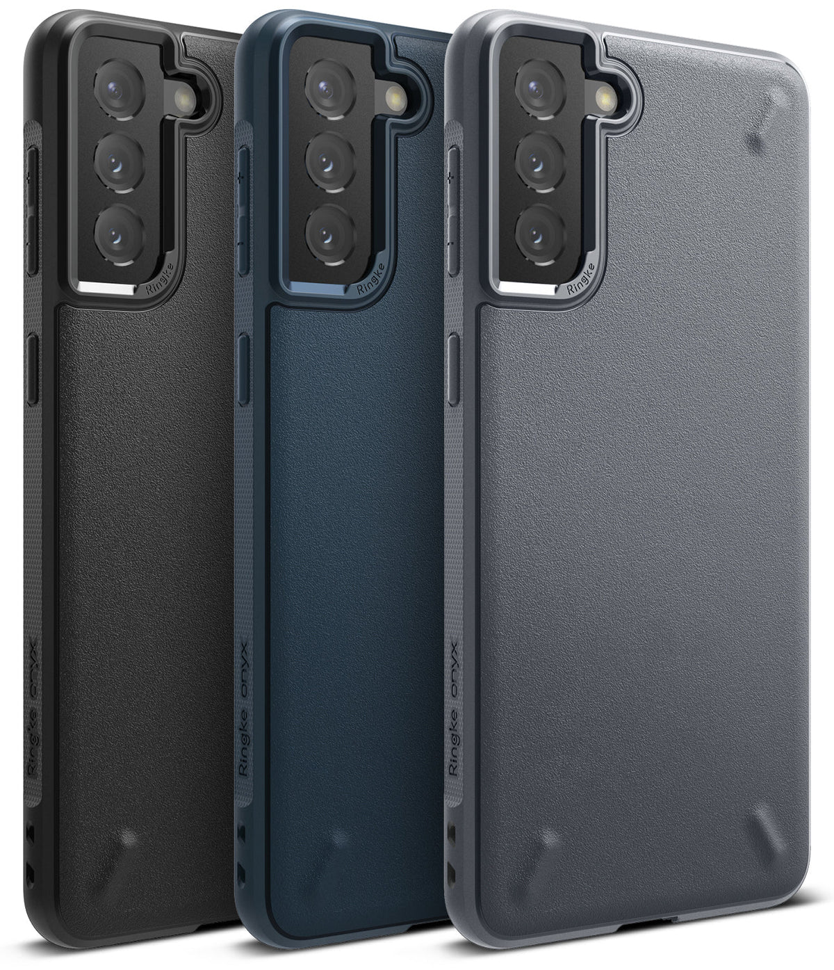 Galaxy S21 Plus Case | Onyx - Three textured phone cases in black, navy, and gray, featuring camera cutouts and side buttons.