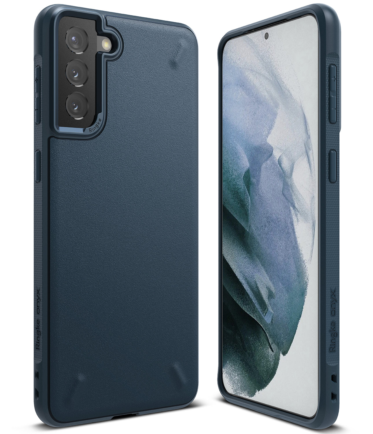 Galaxy S21 Plus Case | Onyx - Navy blue matte protective case shown from back and front angles on a Galaxy S21 Plus.