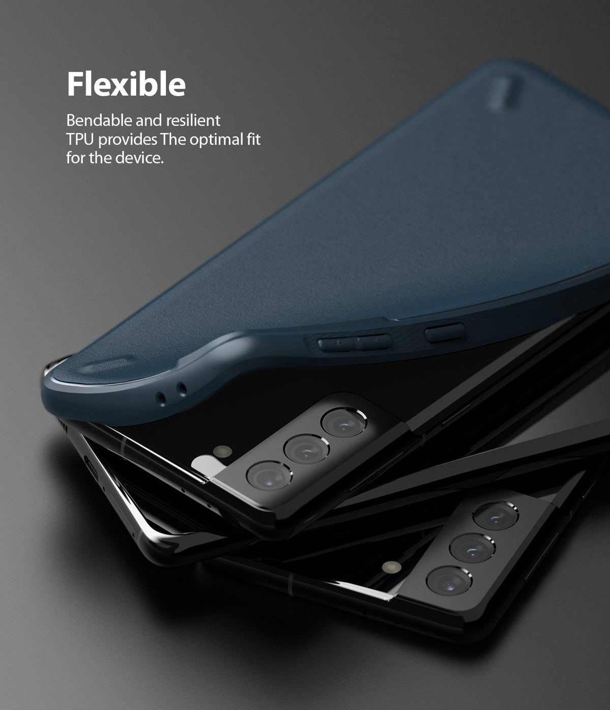 Galaxy S21 Plus Case | Onyx - A flexible navy blue TPU case being placed onto a black Galaxy S21 Plus smartphone.