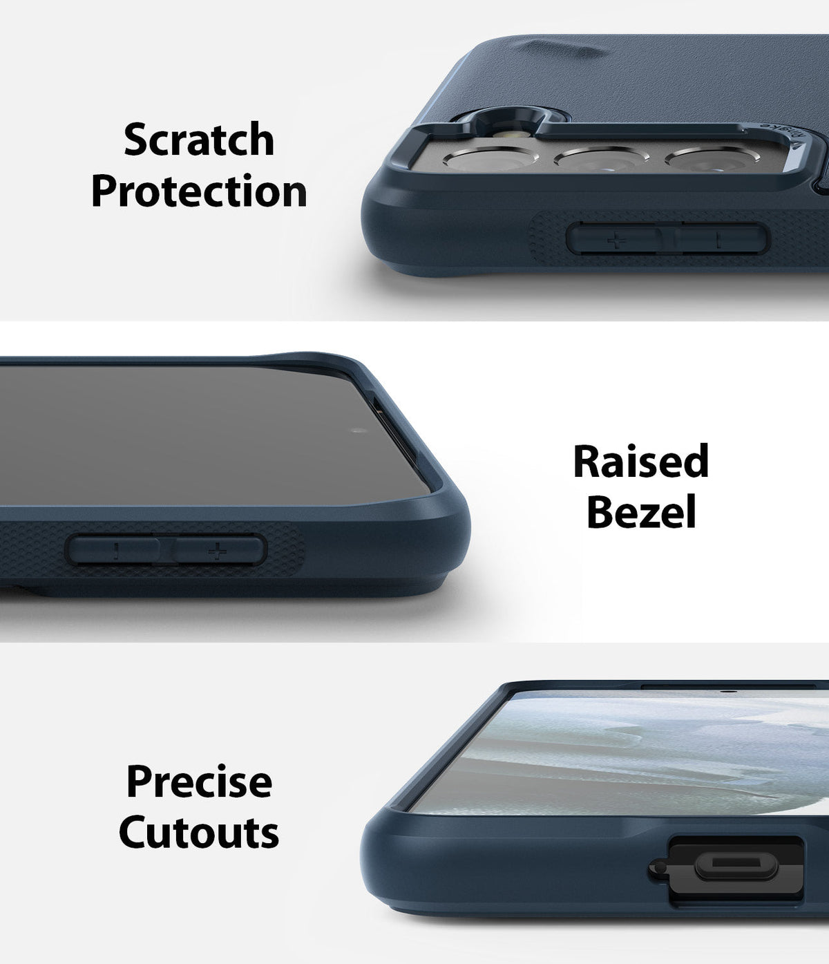 Galaxy S21 Plus Case | Onyx - Close-ups showing camera protection, raised screen bezels, and precise port cutouts.