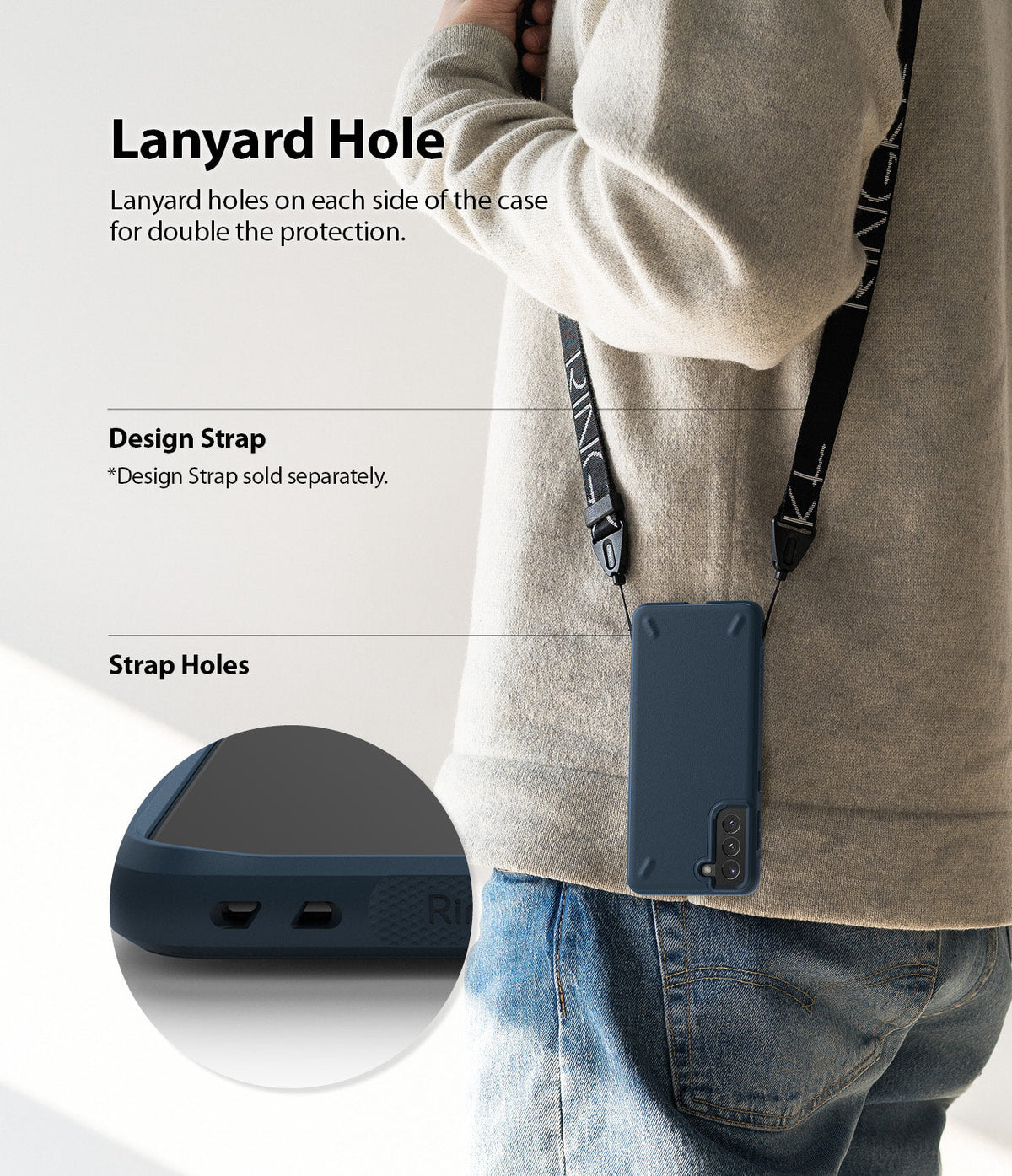 Galaxy S21 Plus Case | Onyx - A person wearing a blue phone case on a lanyard with a close-up of the dual strap holes.
