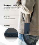 Galaxy S21 Plus Case | Onyx - A person wearing a blue phone case on a lanyard with a close-up of the dual strap holes.
