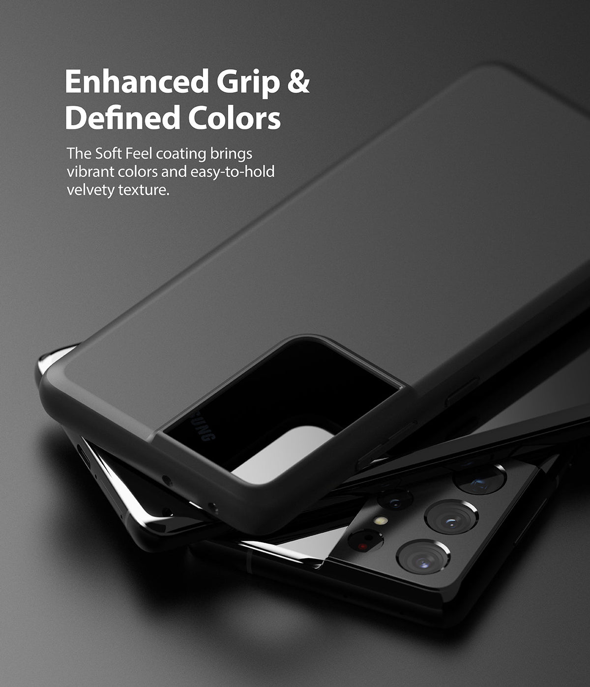 Galaxy S21 Ultra Case | Air-S - Matte black phone case stacked on a Galaxy S21 Ultra, highlighting its soft-touch texture.