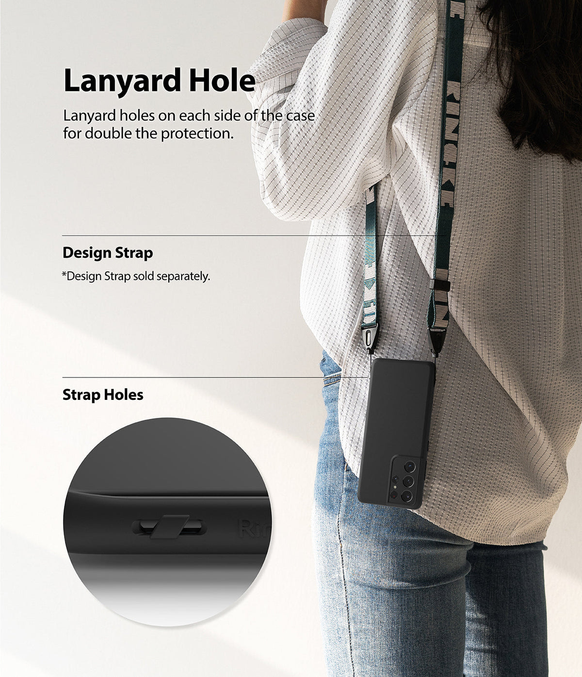 Galaxy S21 Ultra Case | Air-S - Person wearing a phone case with a lanyard strap, highlighting the integrated strap holes.