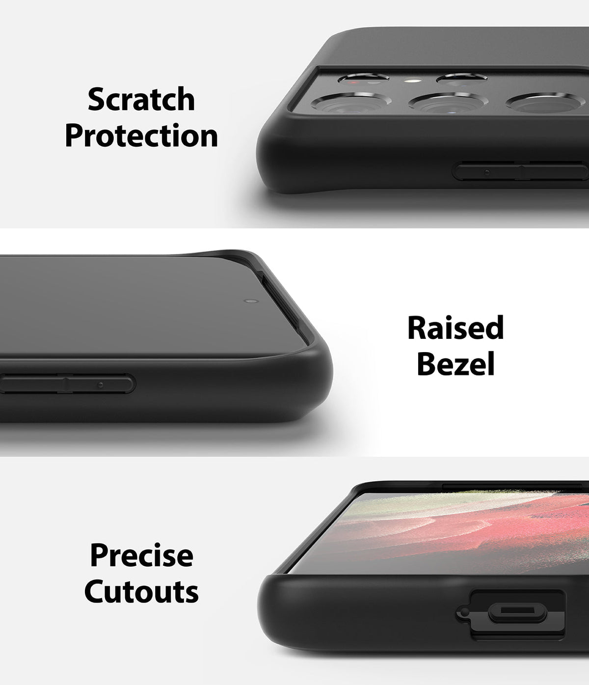 Galaxy S21 Ultra Case | Air-S - Three close-up views showing camera protection, raised screen bezels, and precise port cutouts.