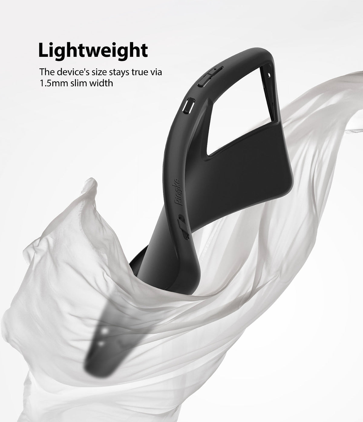 Galaxy S21 Ultra Case | Air-S - Slim black phone case floating amidst flowing white fabric with text highlighting its lightweight design.