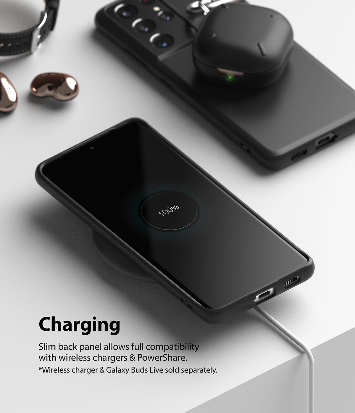 Galaxy S21 Ultra Case | Air-S - Black phone case on a wireless charger showing 100% battery with earbuds charging on back.