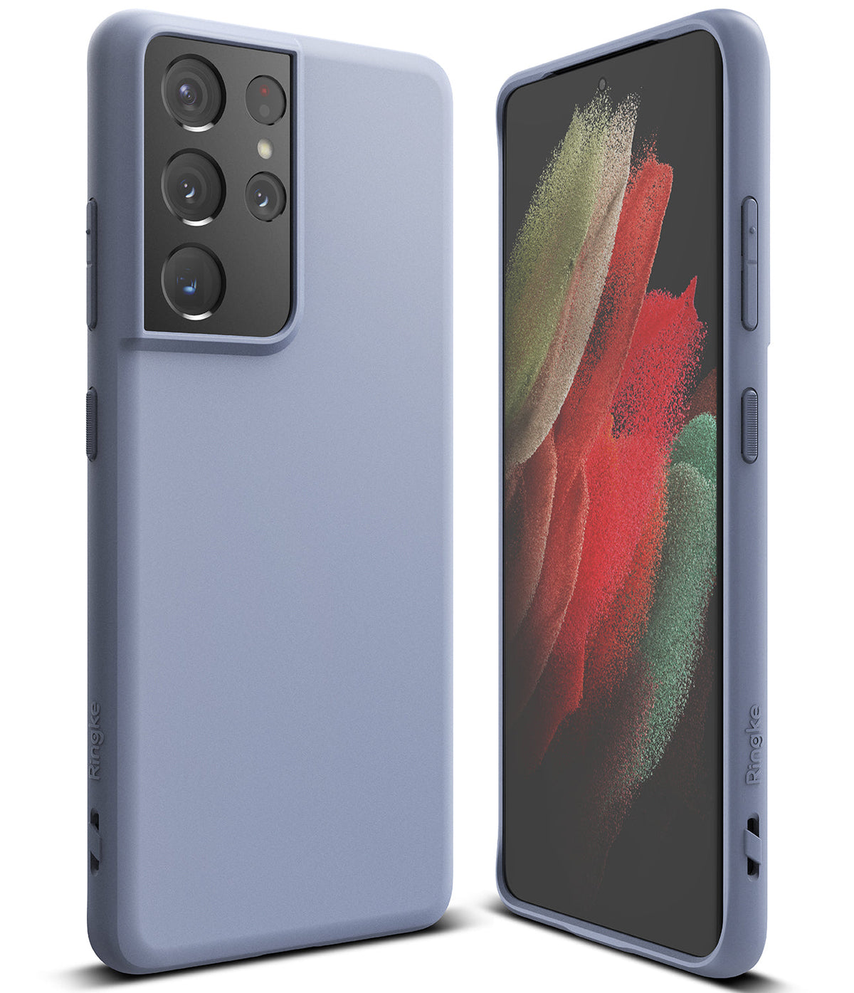 Galaxy S21 Ultra Case | Air-S - Matte lavender phone case shown from back and front angles with a colorful screen display.