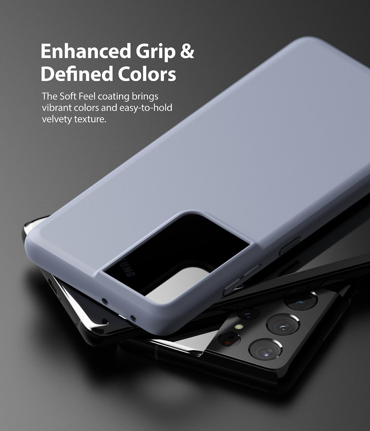 Galaxy S21 Ultra Case | Air-S - Light blue phone case resting on a black Galaxy S21 Ultra with visible camera lenses.