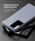 Galaxy S21 Ultra Case | Air-S - Light blue phone case resting on a black Galaxy S21 Ultra with visible camera lenses.