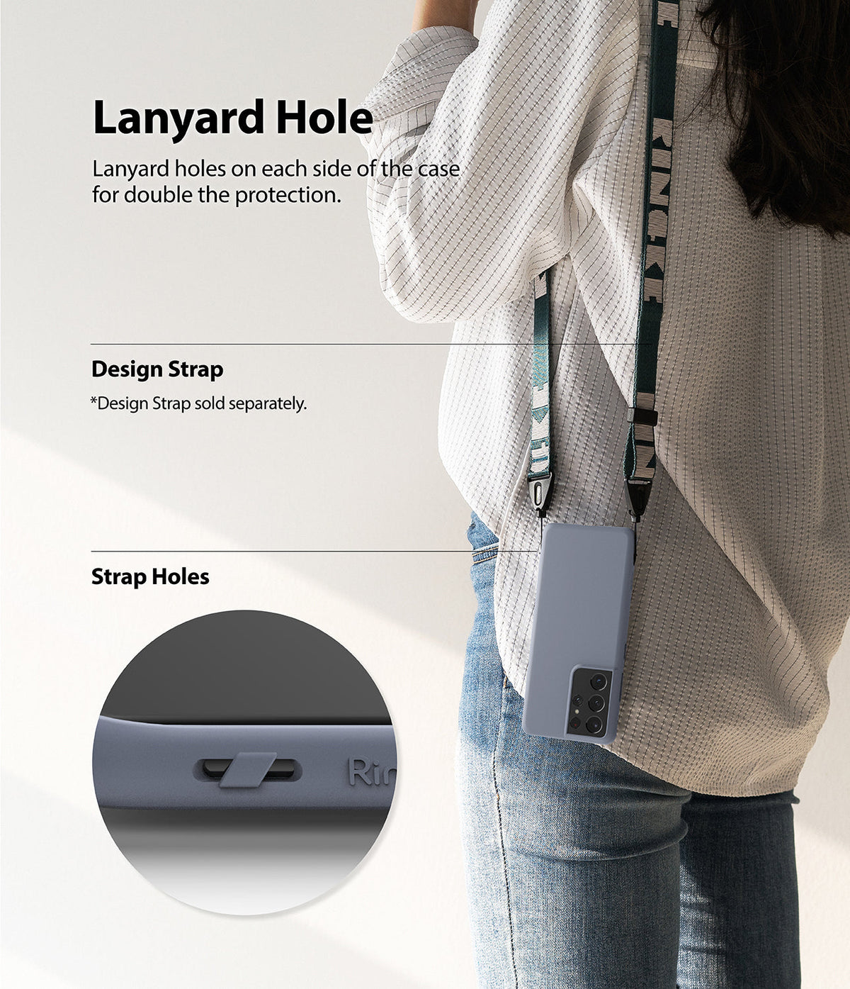 Galaxy S21 Ultra Case | Air-S - Person wearing a phone case with a lanyard strap, highlighting the integrated strap holes.