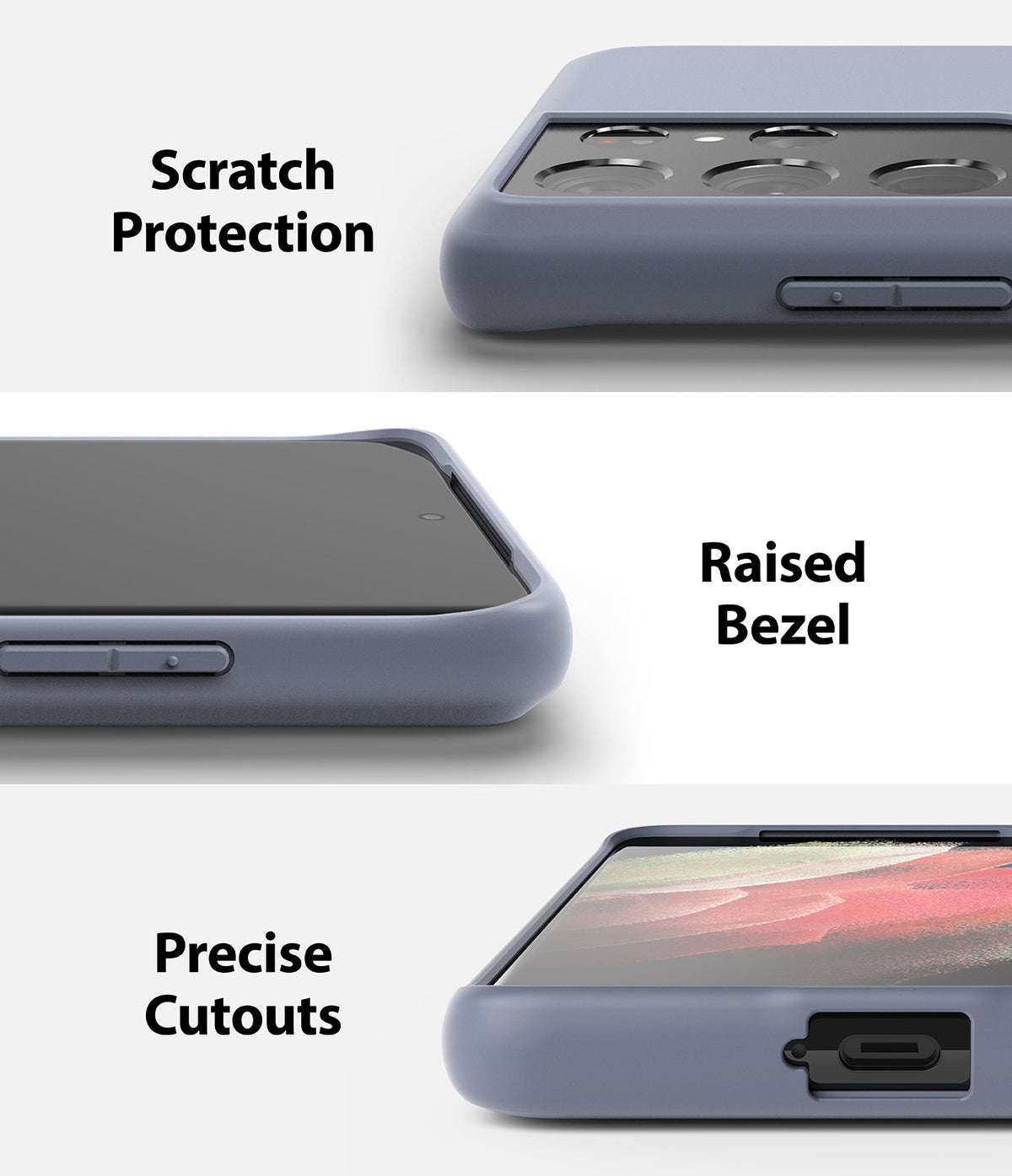 Galaxy S21 Ultra Case | Air-S - Three views showing camera protection, raised screen bezels, and precise port cutouts.