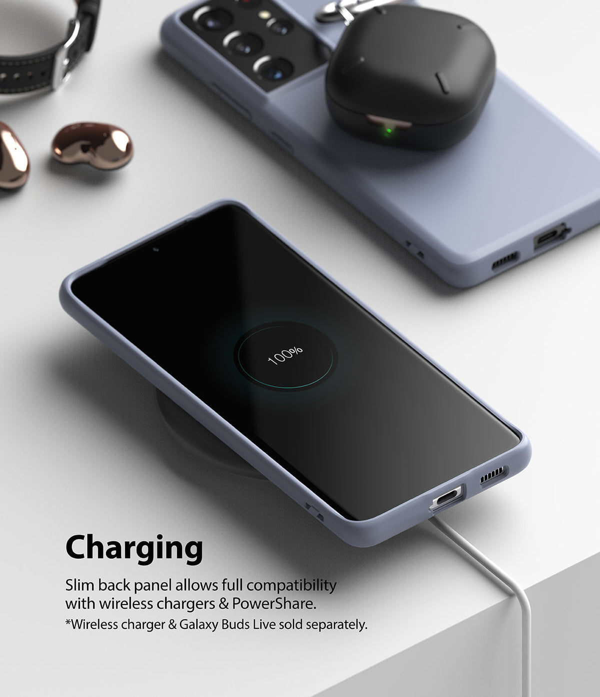 Galaxy S21 Ultra Case | Air-S - A light blue phone case on a smartphone wirelessly charging to 100% on a white surface.