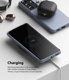 Galaxy S21 Ultra Case | Air-S - A light blue phone case on a smartphone wirelessly charging to 100% on a white surface.