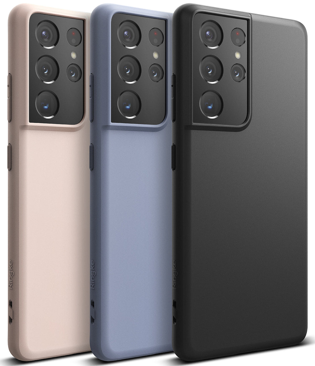 Galaxy S21 Ultra Case | Air-S - Three Galaxy S21 Ultra phones in beige, blue, and black cases with camera cutouts.
