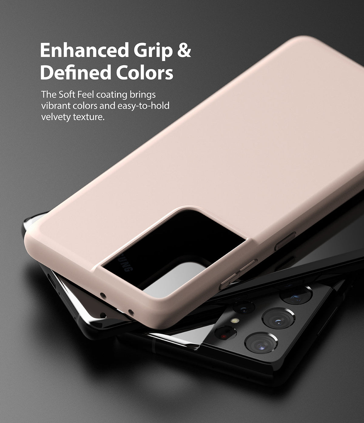 Galaxy S21 Ultra Case | Air-S - A matte beige phone case resting on a black Galaxy S21 Ultra with a prominent camera array.