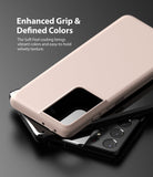 Galaxy S21 Ultra Case | Air-S - A matte beige phone case resting on a black Galaxy S21 Ultra with a prominent camera array.