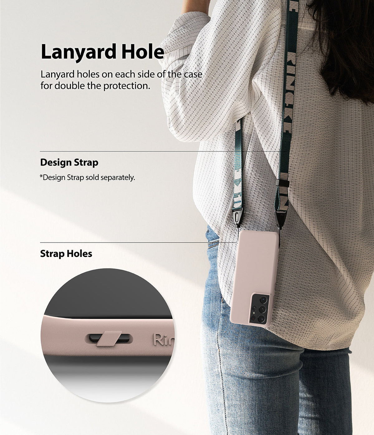 Galaxy S21 Ultra Case | Air-S - Person wearing a phone case with a lanyard strap, highlighting the integrated strap holes.