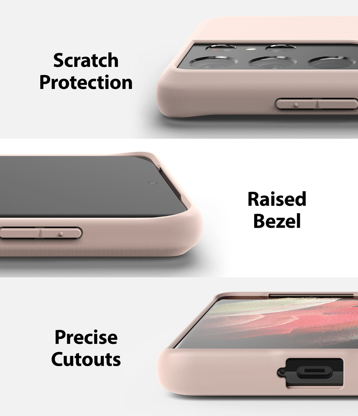 Galaxy S21 Ultra Case | Air-S - Close-up views of a pink phone case highlighting camera protection, raised screen bezels, and port cutouts.