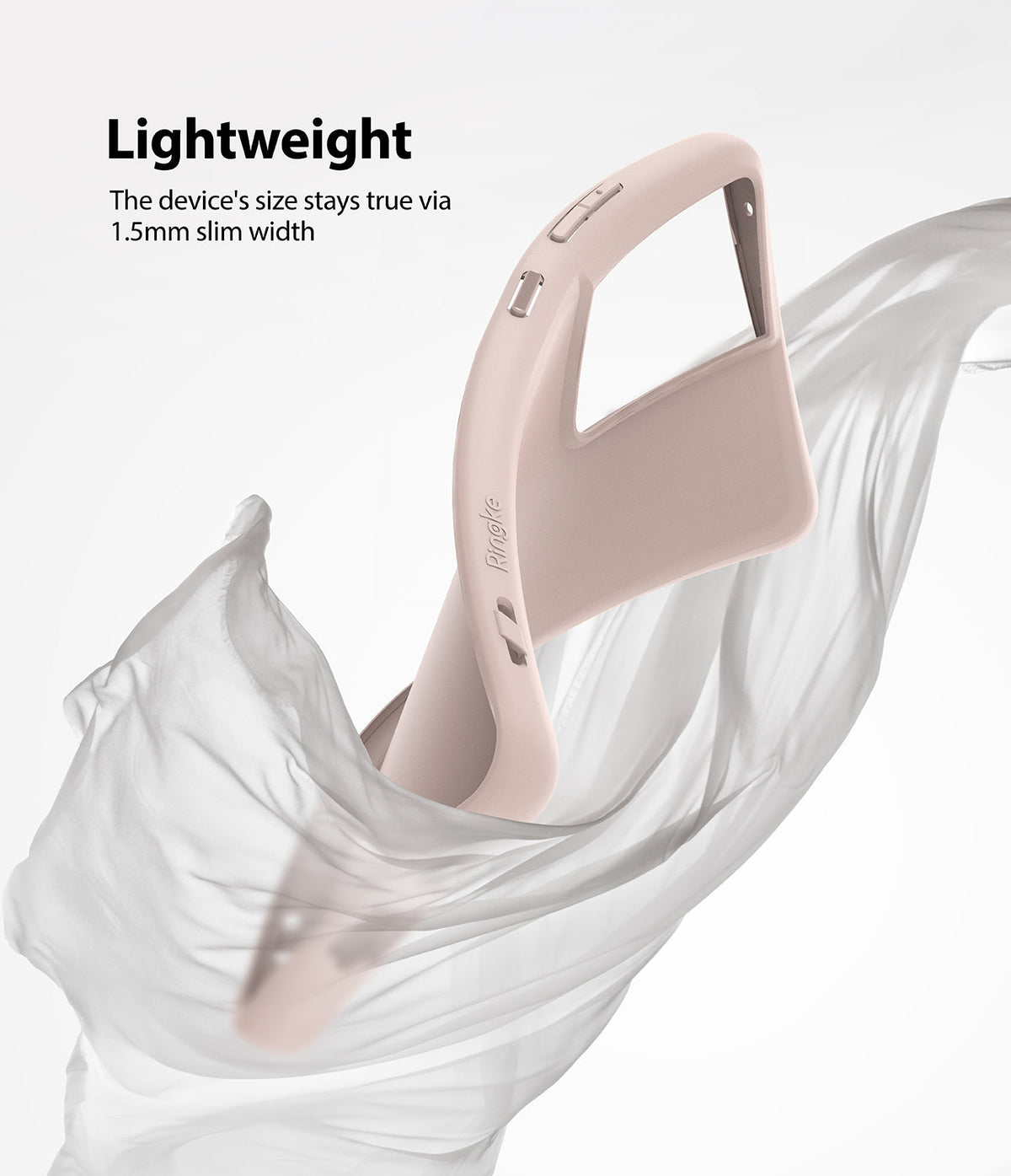 Galaxy S21 Ultra Case | Air-S - Slim pink phone case floating amidst flowing white fabric with text highlighting its lightweight design.