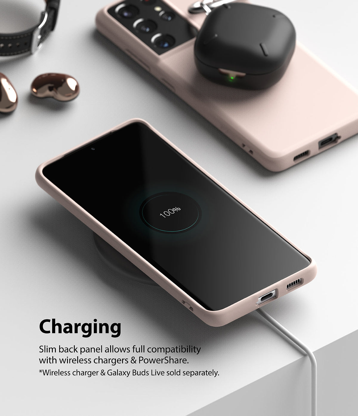 Galaxy S21 Ultra Case | Air-S - Pink phone case on a wireless charger with a 100% battery icon and earbuds on top.