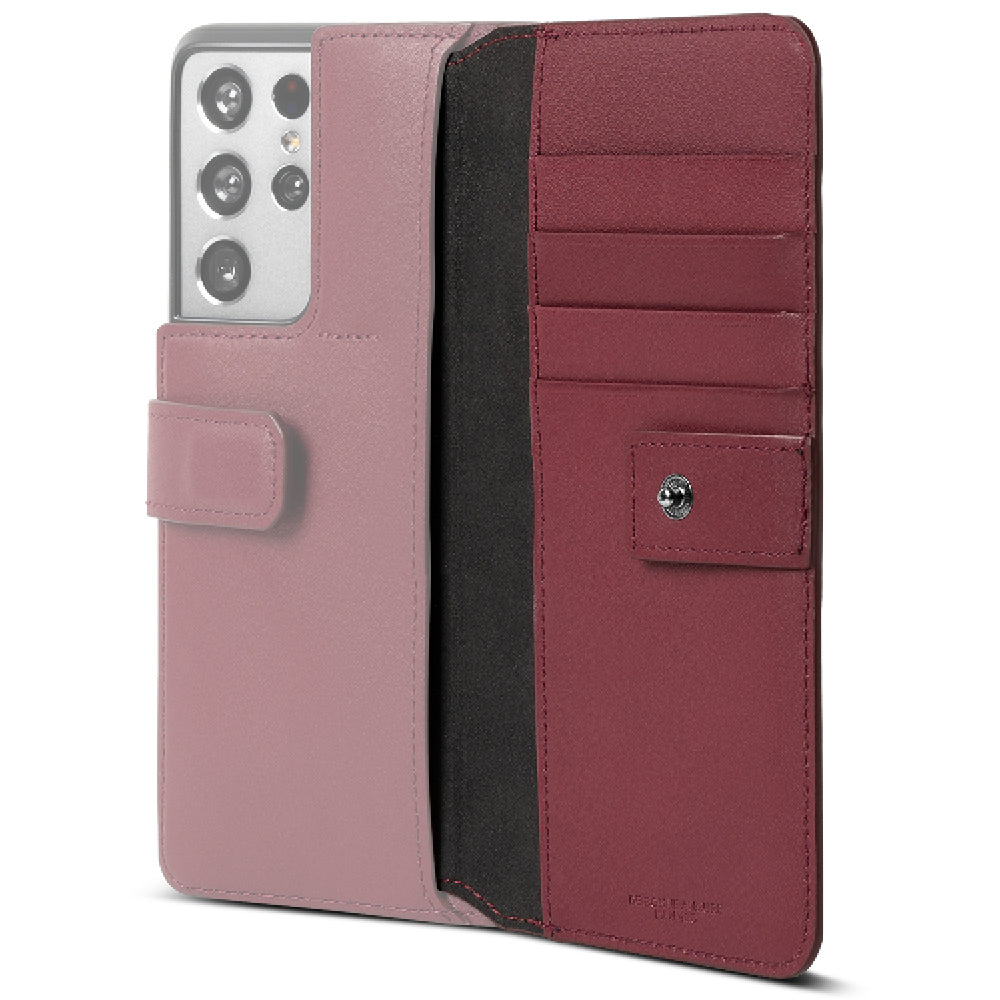 Galaxy S21 Ultra Case | Folio Signature+ - Open pink and burgundy leather wallet case with card slots and magnetic clasp.
