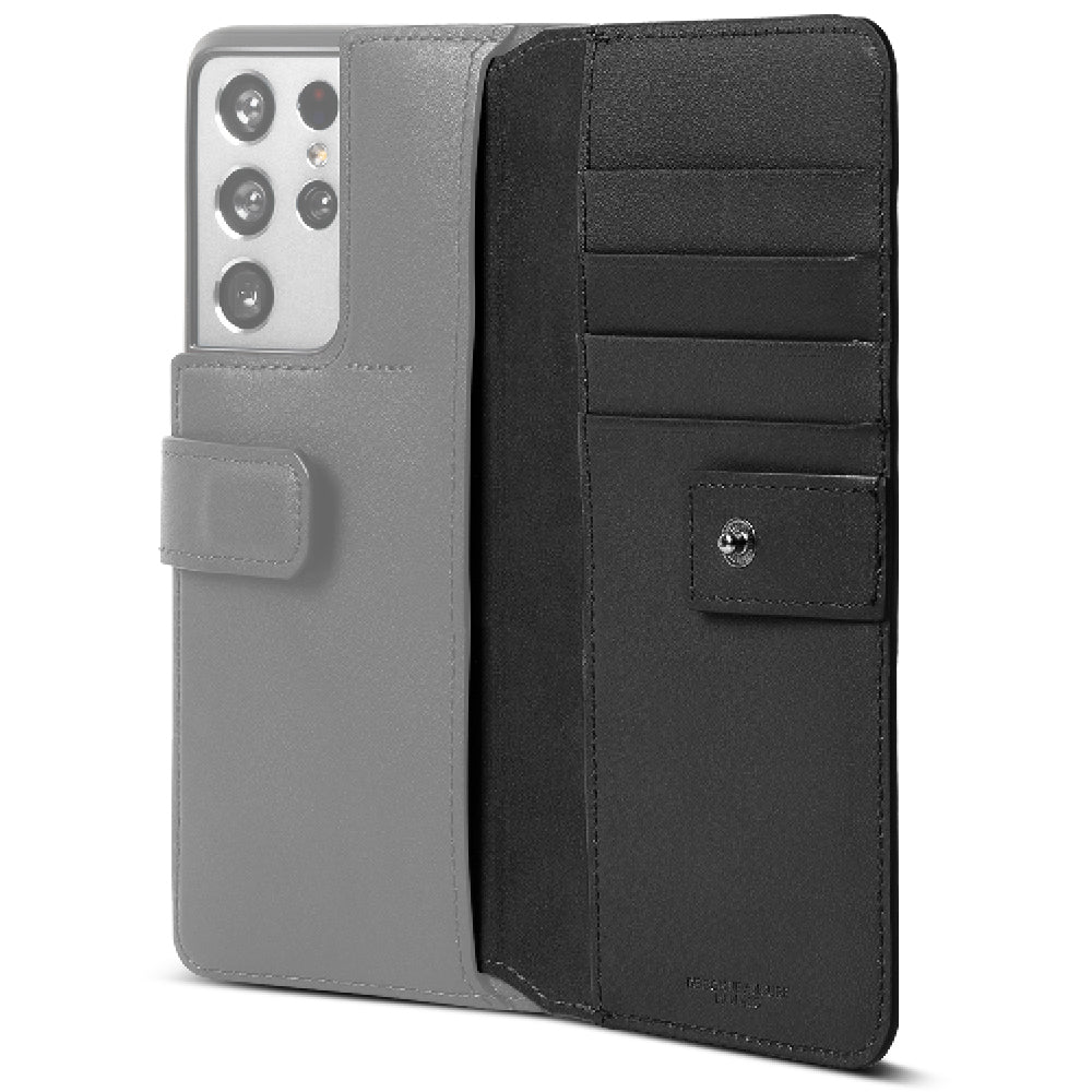 Galaxy S21 Ultra Case | Folio Signature+ - Black leather folio case for Galaxy S21 Ultra with card slots and magnetic clasp.