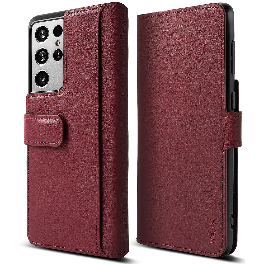 Galaxy S21 Ultra Case | Folio Signature+ - Burgundy leather folio case for Galaxy S21 Ultra with magnetic clasp.