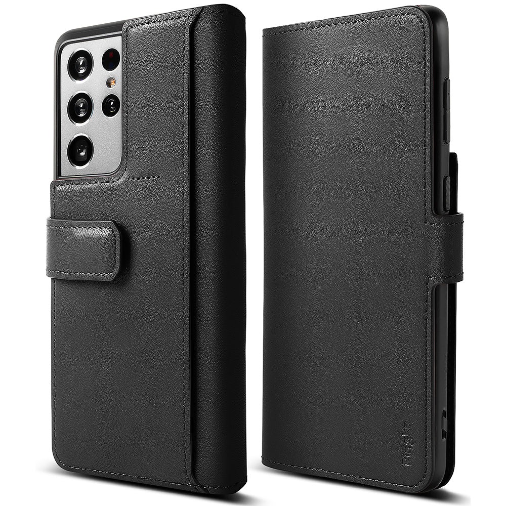 Galaxy S21 Ultra Case | Folio Signature+ - Black leather folio case for Galaxy S21 Ultra with magnetic strap closure.