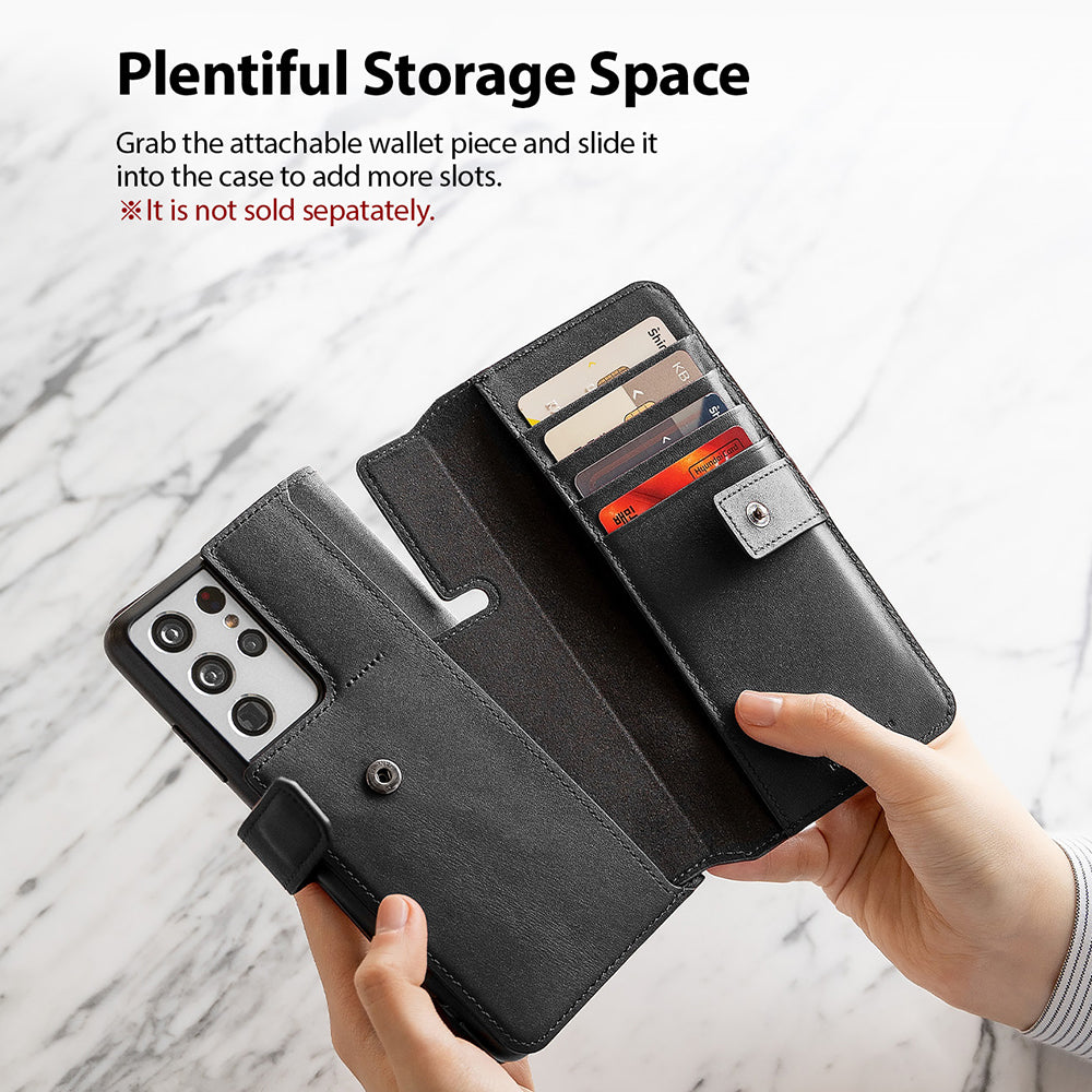 Galaxy S21 Ultra Case | Folio Signature+ - Black leather folio case with an attached wallet insert holding credit cards.