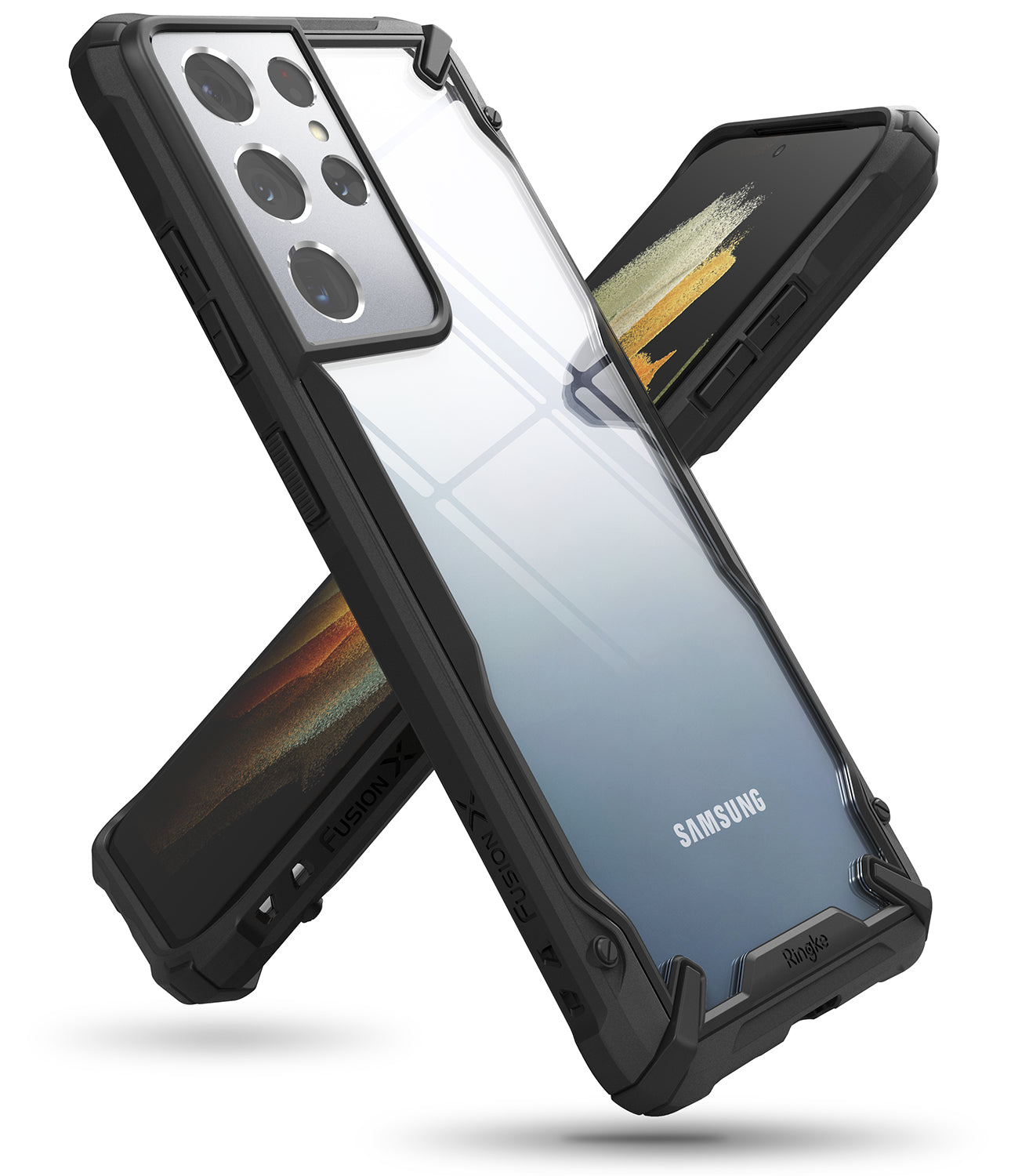 Galaxy S21 Ultra Case | Fusion-X - Rugged black protective case with clear back panel shown on a Galaxy S21 Ultra smartphone.
