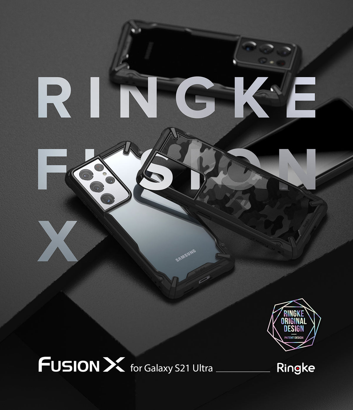 Galaxy S21 Ultra Case | Fusion-X - Three black Fusion-X phone cases displayed on a dark geometric background.