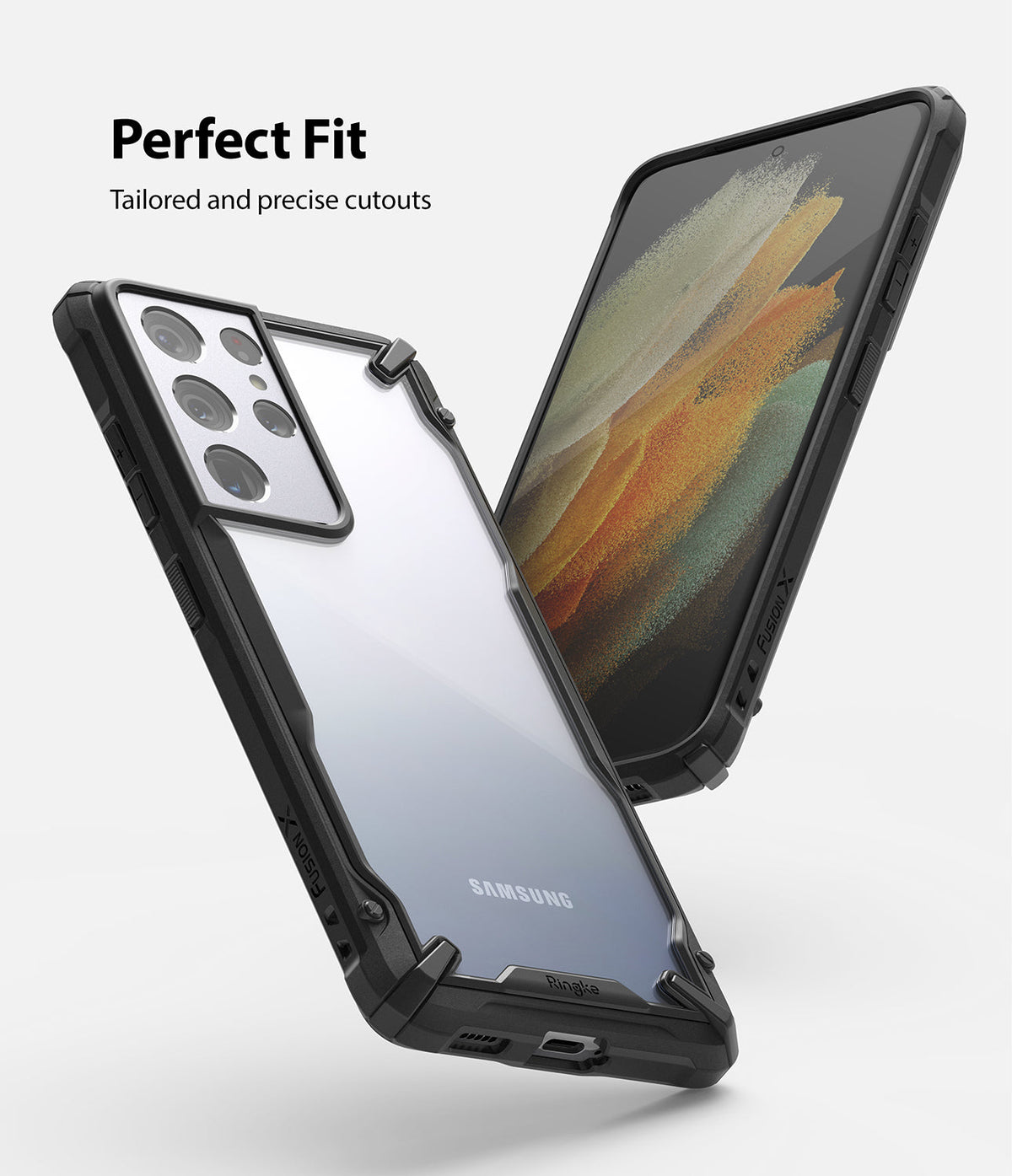 Galaxy S21 Ultra Case | Fusion-X - Black rugged phone case with clear back showing Samsung Galaxy S21 Ultra from front and back.