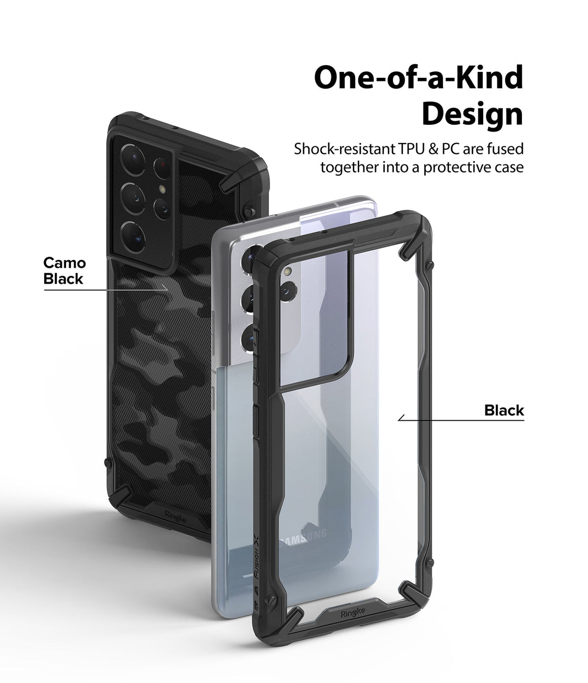 Galaxy S21 Ultra Case | Fusion-X - Camo Black and clear black phone cases shown with shock-resistant TPU and PC design.