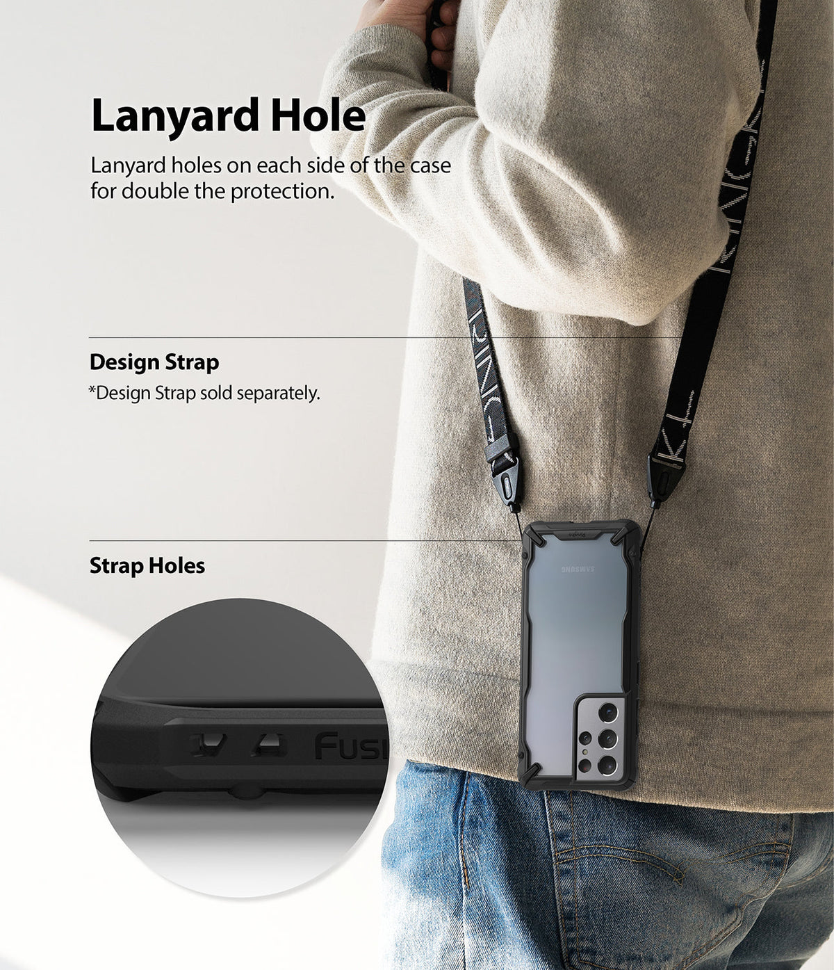 Galaxy S21 Ultra Case | Fusion-X - Person wearing a phone case with a lanyard strap attached to dual side holes.
