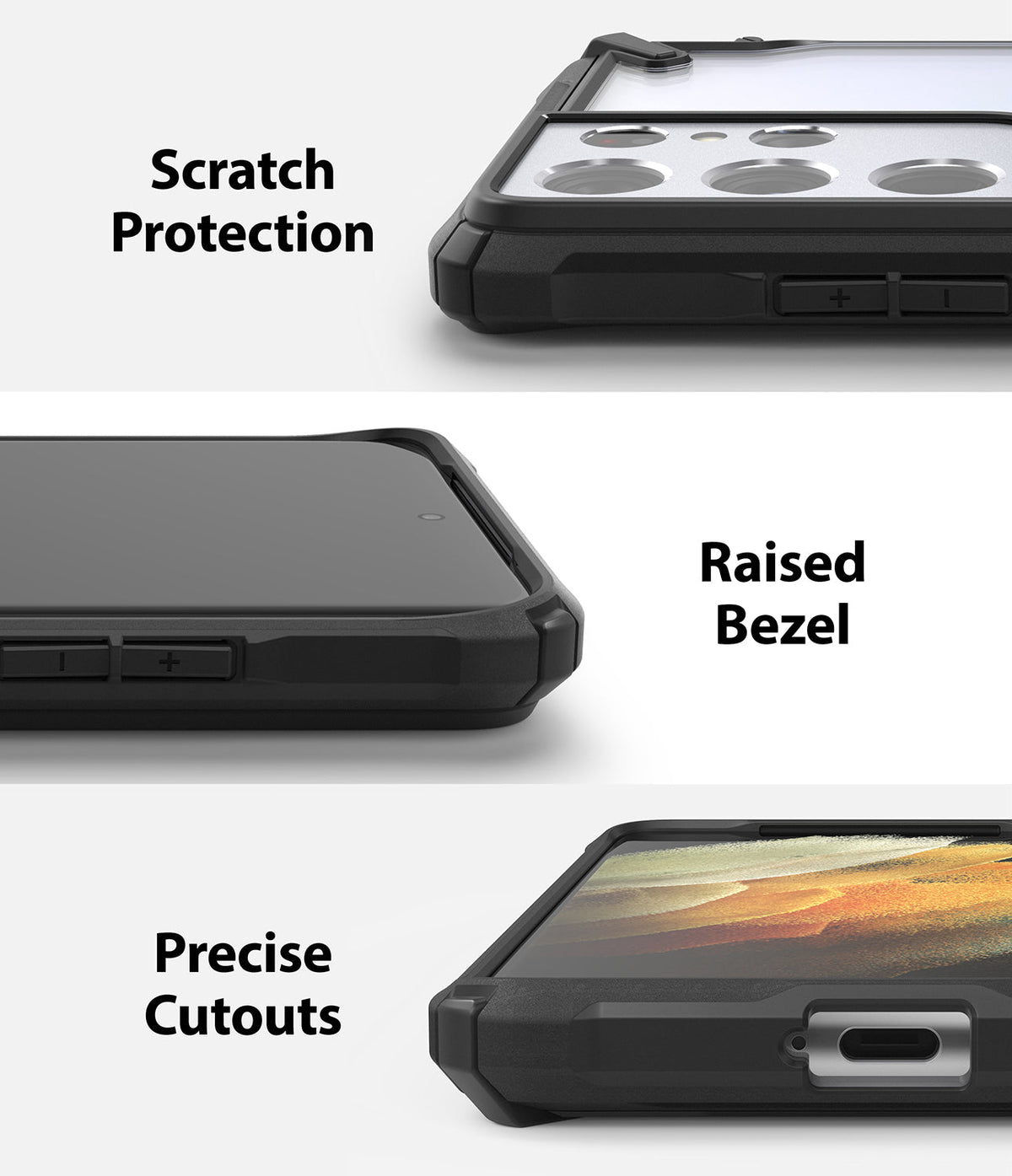 Galaxy S21 Ultra Case | Fusion-X - Three close-up views showing camera protection, raised screen bezels, and precise port cutouts.