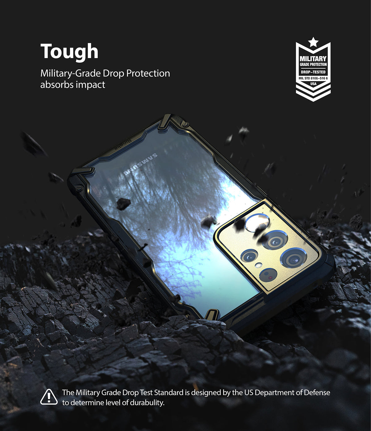 Galaxy S21 Ultra Case | Fusion-X - Rugged phone case on dark, rocky debris with military-grade drop protection branding.